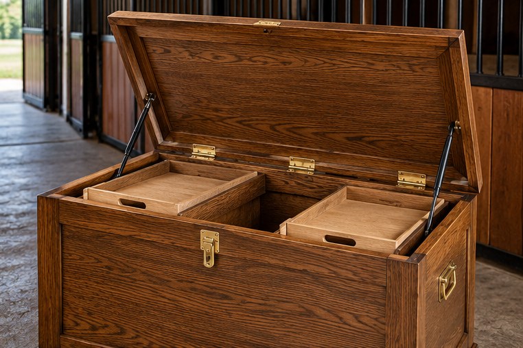 Lid open on gas struts with two trays